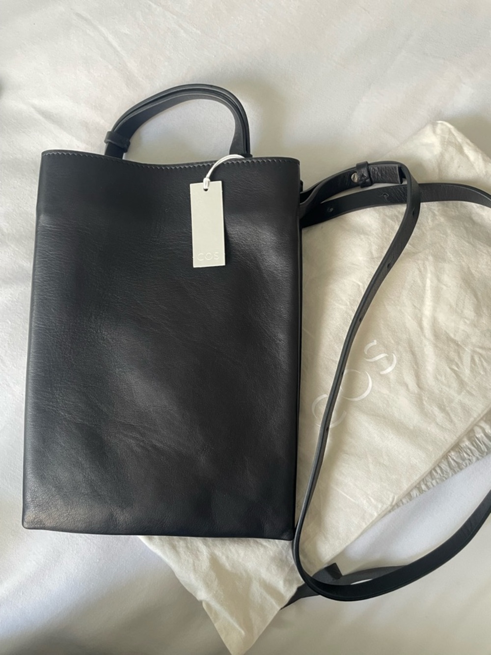 COS Black Leather Petite Messenger Tote with Adjustable Strap NWT